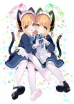  2girls absurdres animal_ear_headphones animal_ears apron black_dress black_footwear blonde_hair blue_archive blush cat_tail closed_mouth dated dot_mouth dress fake_animal_ears frilled_apron frills green_eyes green_halo halo headphones heart heart_hands heart_hands_duo highres long_sleeves maid_apron midori_(blue_archive) midori_(maid)_(blue_archive) momoi_(blue_archive) momoi_(maid)_(blue_archive) multiple_girls official_alternate_costume open_mouth pantyhose pink_halo red_eyes shoes short_hair siblings signature single_shoe sisters smile tail twins v-shaped_eyebrows white_apron white_pantyhose zcx 