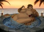  2023 afternoon anthro beach belly big_belly big_moobs biglovealicia bloated brown_hair cheek_bulge deep_navel detailed detailed_background ears_up food glass_of_beer hair hi_res huge_belly hyena hyper hyper_belly male mammal moobs morbidly_obese morbidly_obese_male navel obese obese_male overweight overweight_male palm_tree pear-shaped_figure pizza plant pool shaded sitting sitting_on_ground soft_shading solo thick_thighs tree wide_hips 