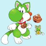  animal_collar animal_hands bell blue_background coin collar commentary english_commentary gloves highres holding loveycloud maneki-neko mario_(series) neck_bell nostrils open_mouth paw_gloves paw_pose red_collar simple_background smile standing super_mario_3d_world white_gloves yoshi 