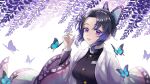  1girl black_jacket breasts bug butterfly butterfly_hair_ornament demon_slayer_uniform floating_clothes flower hair_ornament hand_up haori jacket japanese_clothes kimetsu_no_yaiba kochou_shinobu long_sleeves looking_at_viewer parted_lips piroshiki_(piroshiki13) purple_eyes purple_hair short_hair sidelocks solo upper_body white_background wisteria 