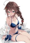  1girl ahoge bikini blue_bikini blue_eyes braid breasts brown_hair cleavage collared_shirt dress_shirt fathom feet_out_of_frame hair_flaps hair_ornament hair_over_shoulder highres kantai_collection long_hair medium_breasts open_clothes open_shirt shigure_(kancolle) shigure_kai_san_(kancolle) shigure_kai_san_(swimsuit)_(kancolle) shirt single_braid sitting solo swimsuit white_shirt 