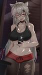  1girl absurdres ahoge ass_visible_through_thighs bare_arms black_choker black_sports_bra blurry blurry_foreground breasts choker cone_hair_bun double_bun glasses grey_hair hair_bun hair_ornament highres holding holding_phone indie_virtual_youtuber large_breasts long_hair midriff navel pantyhose phone piercing red_eyes red_shorts saruei_(vtuber) scar scar_across_eye selfie semi-rimless_eyewear short_shorts shorts solo sports_bra tongue tongue_out tongue_piercing torn_clothes torn_pantyhose vanko_(vank0a) virtual_youtuber 