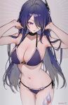  1girl absurdres acheron_(honkai:_star_rail) bikini breasts choker cleavage cowboy_shot hair_over_one_eye halterneck highres honkai:_star_rail honkai_(series) large_breasts leg_tattoo long_hair multicolored_hair navel parted_lips purple_bikini purple_eyes purple_hair side-tie_bikini_bottom solo sooon streaked_hair string_bikini swimsuit tattoo thighs twitter_username very_long_hair 