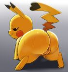 absurd_res big_butt bodily_fluids butt cosplay_pikachu_(character) dibujito female feral generation_1_pokemon genitals hi_res looking_at_viewer looking_back musk musk_clouds nintendo pikachu pokemon pokemon_(species) presenting presenting_hindquarters presenting_pussy pussy solo sweat sweatdrop thick_thighs