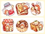  1girl :q ;o animal_ear_headwear animal_ears beanie black_eyes blue_dress blush_stickers border bread bread_slice brown_hair butter buttons capelet chibi chocolate_icing clinging closed_eyes closed_mouth clover collared_dress commentary_request cup doughnut dress eyelashes fake_animal_ears finger_to_own_chin flower food forehead four-leaf_clover french_cruller french_toast fruit green_dress hat holding holding_spatula holding_spoon ice_cream icing in_container in_cup in_food jam jar lace-trimmed_capelet lace-trimmed_collar lace_trim long_sleeves milk mokarooru multiple_views on_food one_eye_closed open_mouth orange_dress original oversized_food oversized_object rabbit rabbit_ears rabbit_tail red_dress ribbon-trimmed_capelet ribbon-trimmed_dress ribbon-trimmed_headwear ribbon_trim short_hair simple_background smile socks solid_circle_eyes spatula spoon sprinkles standing strawberry sugar_cube tail teacup toast tongue tongue_out whipped_cream white_background white_capelet white_flower white_socks yellow_border 