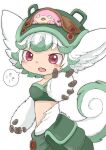  1girl 1other animal_ear_fluff auchu_jin bra breasts creature_on_head furry furry_female green_bag green_bra green_fur green_hair highres looking_at_viewer made_in_abyss medium_bangs medium_breasts meinya_(made_in_abyss) open_mouth pink_fur prushka prushka_(furry) red_eyes speech_bubble tail teeth two-tone_fur underwear upper_teeth_only white_background white_fur 