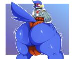 anthro avian balls beak big_butt bird blue_body blush butt clothed clothing digital_media_(artwork) falco_lombardi genitals hi_res huge_butt looking_at_viewer male mammal nintendo simple_background solo star_fox tail thiccbuns