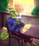  absurd_res anole anthro beverage brown_eyes chair clothed clothing coffee coffee_mug furniture green_body green_scales hi_res holding_beverage holding_object hoodie hot_drink klongi lizard male outside reptile scales scalie sitting solo solo_focus table topwear 