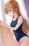  1boy 1girl absurdres blue_one-piece_swimsuit blurry blurry_background blush breasts brown_hair censored clothing_aside commentary_request completely_nude girl_on_top hair_ornament hands_on_another&#039;s_chest highres konoe_kanata long_hair looking_at_another love_live! love_live!_nijigasaki_high_school_idol_club medium_breasts mosaic_censoring nude one-piece_swimsuit open_mouth purple_eyes sex swimsuit swimsuit_aside tata_(tataice) wet 