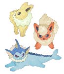  animal_focus flareon fluffy full_body highres jolteon looking_at_viewer looking_to_the_side lying newo_(shinra-p) no_humans open_mouth pokemon pokemon_(creature) simple_background standing vaporeon white_background 