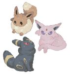  animal_focus eevee espeon fluffy forked_tail full_body highres looking_ahead looking_at_viewer looking_up lying newo_(shinra-p) no_humans pokemon pokemon_(creature) purple_eyes red_eyes simple_background sitting tail umbreon white_background 