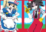  2girls @_@ apron black_choker black_eyes black_hair black_necktie blonde_hair blue_dress blue_hat bow buttons chito_(shoujo_shuumatsu_ryokou) choker collared_shirt cosplay dress drill_hair face_of_the_people_who_sank_all_their_money_into_the_fx_(meme) frilled_apron frills gloves hand_on_own_hip hands_on_own_hips hat hatsune_miku hatsune_miku_(cosplay) highres icetipia kasane_teto kasane_teto_(cosplay) long_hair looking_at_viewer meme mesmerizer_(vocaloid) multiple_girls necktie open_mouth outline pale_skin pants parody pinstripe_dress pinstripe_hat pinstripe_pattern puffy_short_sleeves puffy_sleeves red_bow red_hat red_pants red_suspenders shaded_face shirt short_sleeves shoujo_shuumatsu_ryokou sidelocks small_sweatdrop striped_bow striped_clothes striped_dress striped_headwear striped_shirt sweat tongue tongue_out twin_drills twintails utau vertical-striped_clothes vertical-striped_dress vertical-striped_headwear vertical-striped_shirt visor_cap vocaloid white_apron white_outline white_shirt yellow_gloves yuuri_(shoujo_shuumatsu_ryokou) 