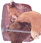  1girl 7010 :d animal_ears ass black_hat black_leotard brown_pantyhose commentary_request fishnet_pantyhose fishnets from_behind hat leotard long_hair looking_at_viewer looking_back maho_(princess_connect!) open_mouth orange_hair pantyhose princess_connect! smile solo tail 