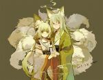  1boy 1girl animal_ear_fluff animal_ears artist_name bacheally bell blunt_bangs brown_eyes closed_mouth dated fox_ears fox_girl fox_tail genderswap genderswap_(ftm) genderswap_(mtf) green_hair green_kimono green_theme hair_between_eyes hair_ornament holding holding_hands japanese_clothes kimono kitsune kyuubi long_hair long_sleeves looking_at_viewer low_twintails miko multicolored_hair multiple_tails obi original sash signature simple_background smile smoke tail twintails very_long_hair white_hair white_kimono wide_sleeves 