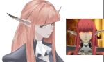  1girl antangonist ascot black_jacket blue_eyes blunt_bangs elf eyelashes hair_ears hulkenberg_(metaphor:_refantazio) jacket long_hair looking_to_the_side metaphor:_refantazio pointy_ears red_hair reference_inset white_ascot white_background 