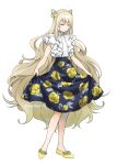  1girl blonde_hair celine_(fire_emblem) double_bun fire_emblem fire_emblem_engage floral_print flower frilled_shirt frills full_body green_eyes hair_bun hair_flower hair_ornament highres long_hair midori_no_baku shirt twitter_username very_long_hair yellow_flower yellow_footwear 