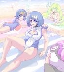  3girls ? ass beach bikini blonde_hair blue_eyes blue_hair blush breasts bright_pupils charizard cleavage cleavage_cutout clothing_cutout collarbone dragonair english_text hair_over_one_eye highres kemonokiller lana&#039;s_mother_(pokemon) lana_(pokemon) large_breasts long_hair looking_at_viewer low_ponytail lusamine_(pokemon) master_ball mature_female mother_and_daughter multiple_girls navel one-piece_swimsuit open_mouth poke_ball pokemon pokemon_(anime) pokemon_(creature) pokemon_sm_(anime) short_hair smile swimsuit very_long_hair white_pupils 