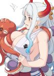  1girl bare_shoulders blush breasts cleavage horns large_breasts long_hair octopus one_piece open_mouth orange_eyes orange_horns ponytail shiseki_hirame sidelocks solo white_hair yamato_(one_piece) 