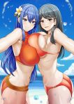  2girls :d absurdres armpit_crease ass bare_shoulders beach bikini bikini_skirt blue_eyes blue_hair blue_sky blush breast_press breasts caeda_(fire_emblem) caeda_(summer)_(fire_emblem) cleavage closed_mouth cloud commission cowboy_shot day english_commentary fire_emblem flower groin hair_between_eyes hair_flower hair_ornament hairclip heart heart_hair_ornament highres in-franchise_crossover large_breasts long_hair looking_at_viewer multiple_girls navel ocean official_alternate_costume open_mouth oribe_tsubasa outdoors outstretched_arm red_bikini saikunartworks see-through see-through_skirt sidelocks skirt sky smile standing stomach swept_bangs swimsuit symmetrical_docking teeth tokyo_mirage_sessions_fe upper_teeth_only water_drop 