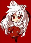  bow chibi fujiwara_no_mokou hair_bow long_hair open_mouth pants red_background red_eyes ribbon silver_hair smile solo suspenders touhou undertime white_hair 