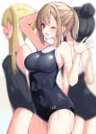  3girls ;d arm_behind_head arm_up bare_arms bare_shoulders black_hair black_one-piece_swimsuit blonde_hair blurry blurry_background blush breasts brown_eyes brown_hair childhood_friend_(ominaeshi) commentary_request covered_navel depth_of_field faceless faceless_female hair_between_eyes hair_bun hair_ornament hairclip highres long_hair looking_at_viewer medium_breasts multiple_girls ominaeshi_(takenoko) one-piece_swimsuit one_eye_closed original ponytail smile standing swimsuit white_background 