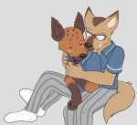 2019 anthro anthro_on_anthro beastars biped black_nose blue_clothing blue_shirt blue_topwear blush bottomwear brown_body brown_claws brown_fur brown_nose canid canine canis claws clothed clothing countershade_fur countershade_torso countershading coyote cuddling duo durham_(beastars) finger_claws fluffy fluffy_tail footwear fully_clothed fully_clothed_anthro fully_clothed_male fur gloves_(marking) grey_background grey_bottomwear grey_clothing grey_pants hi_res hyena interspecies male male/male mammal markings miguno_(beastars) nuzzling on_lap pants pattern_bottomwear pattern_clothing pattern_pants reverse_countershading school_uniform shirt simple_background sitting sitting_on_lap smile socks spots spotted_body spotted_fur spotted_hyena striped_bottomwear striped_clothing striped_pants stripes tail tan_body tan_fur toe_claws tongue tongue_out topwear twiggyboyo uniform white_clothing white_footwear white_socks