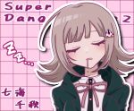  1girl black_jacket blunt_bangs brown_hair closed_eyes copyright_name danganronpa_(series) danganronpa_2:_goodbye_despair drooling facing_viewer flipped_hair jacket medium_hair nanami_chiaki neck_ribbon open_clothes open_jacket outline pink_ribbon ribbon solo spaceship_hair_ornament translation_request wassho_i white_outline 