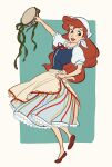  1girl apron ariel_(disney) blue_skirt border eyelashes full_body head_scarf highres holding holding_instrument instrument long_hair looking_at_viewer open_mouth puffy_short_sleeves puffy_sleeves red_footwear red_hair red_ribbon ribbon short_sleeves skirt solo tambourine the_little_mermaid uochandayo white_apron white_border 