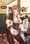  ;d apron black_legwear black_neckwear blue_eyes breasts brown_hair cat_tail chinese cleavage darkmaya fang food gloves hashida_itaru ice_cream long_hair looking_at_viewer makise_kurisu medium_breasts necktie okabe_rintarou one_eye_closed open_mouth original panties panties_under_pantyhose pantyhose parfait paw_pose puffy_short_sleeves puffy_sleeves short_sleeves signature smile solo_focus steins;gate striped striped_panties sundae tail thighband_pantyhose translated twintails underwear wafer_stick waist_apron waitress 