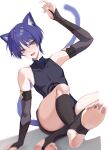  1boy absurdres animal_ears black_shirt black_shorts black_sleeves blue_eyes cat_boy cat_ears cat_tail chobonu feet genshin_impact hair_between_eyes highres looking_at_viewer male_focus open_mouth purple_hair purple_tail scaramouche_(genshin_impact) shirt short_hair shorts solo tail toes white_background 