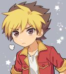  1boy blonde_hair brown_eyes brown_hair closed_mouth collarbone dot_nose grey_background jacket jinzou_konchuu_kabutoborg_vxv looking_at_viewer male_focus multicolored_hair numae_kaeru red_jacket ryuusei_amanogawa shirt short_hair solo star_(symbol) two-tone_hair upper_body white_shirt 