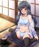  1girl amazake_(drink) asashio_(kancolle) asashio_kai_ni_(kancolle) black_hair black_thighhighs blue_bra blue_eyes blue_panties blush bra breasts breath collarbone commentary_request cup cushion dress highres hot kantai_collection long_hair long_sleeves navel open_clothes open_mouth open_shirt panties pinafore_dress revision shirt sitting sleeveless sleeveless_dress sliding_doors small_breasts solo sweat tatami teacup thighhighs training_bra underwear unworn_dress wariza white_shirt zanntetu 