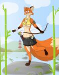 absurd_res anthro bottomwear breasts canid canine clothing crop_top female fox hi_res hotpants mammal nortfox shirt shorts solo tail topwear torn_clothing under_boob yellow_clothing yellow_shirt yellow_topwear