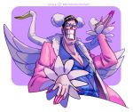  1boy 2023 bird black_hair blue_shirt bon_clay coat english_commentary fake_wings highres keysandcrosses looking_at_viewer makeup male_focus one_piece pink_coat pink_nails purple_background shirt smile solo swan teeth twitter_username upper_body wings 