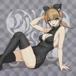  1girl a_ten_art0720 absurdres animal_ear_fluff animal_ear_hairband animal_ears arm_on_own_head arm_support bare_shoulders black_dress black_thighhighs blue_eyes breasts brown_hair cat_ear_hairband cat_ears cleavage cleavage_cutout clothing_cutout collared_dress commentary dress fake_animal_ears grey_background hairband highres knee_up looking_to_the_side nail_polish orange_nails original sideboob sitting sleeveless sleeveless_dress solo thighhighs thighs 