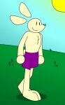  animated anthro big_feet blinking bottomwear chest_tuft clothing feet floating_ears hi_res jason_burrow jay_jay_the_lucky_rabbit lagomorph leporid male mammal purple_bottomwear purple_clothing purple_shorts rabbit scut_tail short_tail shorts simple_animation simple_background simple_coloring simple_eyes simple_face simple_nose solo sun swift_bristle tail tuft walking 