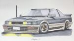  car glint grey_background grey_car kulistynu marker_(medium) motor_vehicle no_humans original signature toyota toyota_sprinter_trueno traditional_media vehicle_focus 