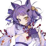  :t animal_ears bell black_gloves blunt_bangs breast_tattoo breasts cleavage dot_nose gloves hair_bell hair_ornament hamita_(rikopin_ika) hand_up heterochromia highres indie_utaite jingle_bell long_sleeves looking_at_viewer medium_hair pointing portrait purple_eyes purple_hair shirt short_eyebrows shrug_(clothing) simple_background small_breasts tattoo two_side_up unkempt white_background white_shirt white_shrug wide_sleeves yellow_eyes 