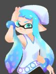  1girl alternate_species aqua_eyes arm_up blue_hair closed_mouth commentary_request grey_background hat ikamusume inkling long_hair mira_2420 no_lineart official_style pointy_ears purple_trim shinryaku!_ikamusume shirt simple_background smile solo splatoon_(series) tentacle_hair white_hat white_shirt 