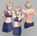  1girl a_chestnuthead back blonde_hair blue_hair blue_pants blue_shirt breasts closed_mouth crop_top green_eyes highres medium_breasts midriff multicolored_hair muscular muscular_female navel original pants scar shirt solo stomach topless 