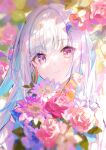  1girl absurdres blue_hair bouquet dappled_sunlight flower foliage fuzichoco highres holding holding_bouquet leaf lize_helesta looking_at_viewer multicolored_hair nijisanji pink_flower portrait purple_eyes smile solo sunlight virtual_youtuber white_flower white_hair 