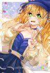  1girl absurdres artist_name blonde_hair blue_dress blue_eyes blurry blurry_foreground breasts choker cleavage cowboy_shot dokibird_(vtuber) double_v dress fang green_eyes highres indie_virtual_youtuber lattemeowcatto long_hair long_sleeves looking_at_viewer open_mouth skin_fang solo twintails v virtual_youtuber white_dress 