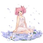  1girl :d absurdres alternate_costume bare_arms bare_shoulders bow bowtie choker dress falling_petals field flower flower_field frilled_dress frills hair_ribbon highres kaname_madoka mahou_shoujo_madoka_magica mahou_shoujo_madoka_magica_(anime) open_mouth petals pink_hair red_eyes ribbon seiza shan_tong_tong short_hair short_twintails signature sitting sleeveless sleeveless_dress smile solo sundress twintails white_bow white_bowtie white_choker white_dress white_flower 