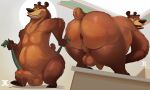  abstract_background absurd_res anthro anus backsack balls bear bent_over big_balls big_butt big_penis boog_(open_season) brown_bear brown_body butt genitals glans grin grizzly_bear hi_res holding_object holding_towel jumpy_jackal looking_at_viewer looking_back male mammal open_season penis perineum presenting presenting_anus presenting_hindquarters pubes short_tail smile solo standing tail teeth towel ursine 