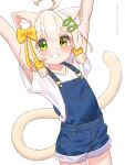  1boy ahoge animal_ear_fluff animal_ears arms_up blonde_hair blush bow cat_boy cat_ears cat_tail denim_overalls fish_hair_ornament grin hair_bow hair_ornament hairclip hazakura_hinata heterochromia highres kaya_(hazakura_hinata) original otoko_no_ko overall_shorts overalls ribbon shirt short_hair short_sleeves simple_background smile solo tail variant_set white_background white_shirt yellow_ribbon 