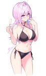  1girl bare_arms bare_shoulders bikini black_bikini black_choker blush choker collarbone criss-cross_halter cu-no finger_to_mouth food hair_between_eyes halterneck hand_up highres hisen_kaede holding holding_food ice_cream long_hair navel pink_hair purple_eyes side-tie_bikini_bottom signature simple_background single_hair_intake solo standing swimsuit very_long_hair white_background yayoi_sakura 