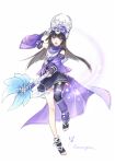  1girl bare_shoulders black_hair changmingsuo detached_sleeves flower full_body hat hmong holding jianxia_qingyuan_(series) jianxia_qingyuan_online_3 kangetsu_(fhalei) long_hair miao_clothes open_mouth purple_eyes simple_background solo staff white_background 