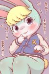  2024 4_fingers animal_crossing anthro bent_legs blonde_hair blue_body blue_eyes blue_fur blush bottomless bottomless_male candy chocolate clothed clothing dessert fingers food fur hair happy heart_symbol hi_res holding_food holding_object japanese_text looking_at_viewer male nintendo open_mouth raymond_(animal_crossing) simple_background solo tail text topwear translation_request urumin3939 white_body white_fur 