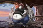  2023 2_horns anthro belly big_belly big_moobs biglovealicia blue_eyes brown_hair cave clothed clothing detailed_background dragon duo european_mythology full-length_portrait fully_clothed grey_body grey_scales hair hand_on_belly hi_res horn huge_belly male membrane_(anatomy) membranous_wings moobs morbidly_obese morbidly_obese_male mythological_creature mythological_scalie mythology obese obese_male overweight overweight_male pear-shaped_figure portrait scales scalie shaded signature soft_shading tail thick_tail thick_thighs tuft western_dragon wide_hips wings 