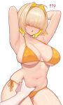  1girl 1other ? ?? absurdres ahoge armpits arms_behind_head bikini blonde_hair breasts covered_eyes elegg_(nikke) full_body goddess_of_victory:_nikke grabbing_another&#039;s_stomach hair_intakes hair_over_eyes highres large_breasts meme moursho navel open_mouth orange_bikini pinching pov pov_hands short_hair side-tie_bikini_bottom sitting solo_focus swimsuit white_background 